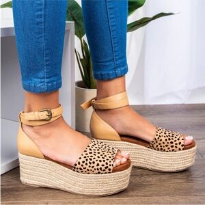 Sandals Tan leopard print espadrille platform wedge heels